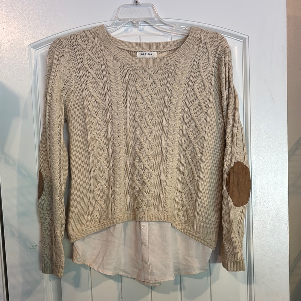 Monteau Cream and Brown Crew Neck Sweater with Cable Knit